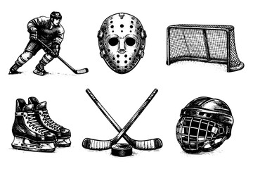 Vintage ice hockey engraving set, antique sports equipment sketch with players, skates, helmet and goal in woodcut style