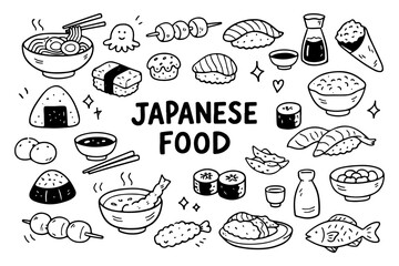 Japanese food doodle set, hand drawn traditional asian cuisine symbols, sushi, ramen and seafood illustration in line art style