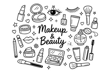Makeup and beauty doodle set, hand drawn cosmetic accessories, lipstick, eyeshadow palette and brushes illustration in line art style