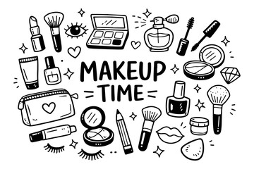 Makeup and beauty doodle set, hand drawn cosmetic accessories, lipstick, eyeshadow palette and brushes illustration in line art style