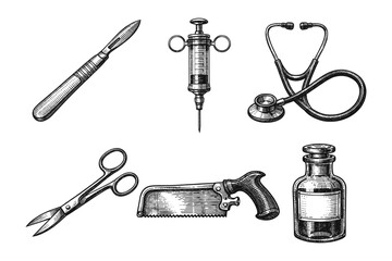 Vintage medical tools and healthcare engraving set, antique doctor equipment symbols in woodcut style