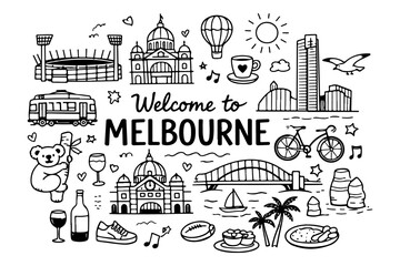 Melbourne Australia travel doodle set, hand drawn city landmarks, australian animals, coffee culture and different other icons in line art style