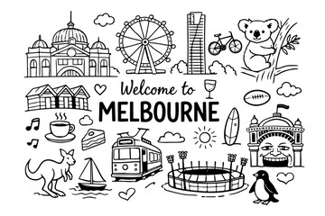 Naklejka premium Melbourne Australia travel doodle set, hand drawn city landmarks, australian animals, coffee culture and different other icons in line art style