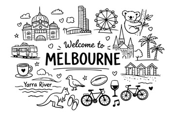 Melbourne Australia travel doodle set, hand drawn city landmarks, australian animals, coffee culture and different other icons in line art style