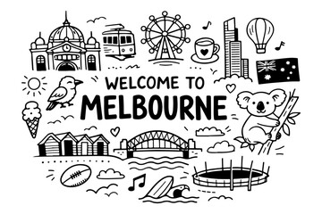 Naklejka premium Melbourne Australia travel doodle set, hand drawn city landmarks, australian animals, coffee culture and different other icons in line art style