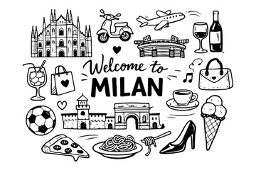 Milan Italy travel doodle set, hand drawn city landmarks, fashion symbols, italian food in line art style