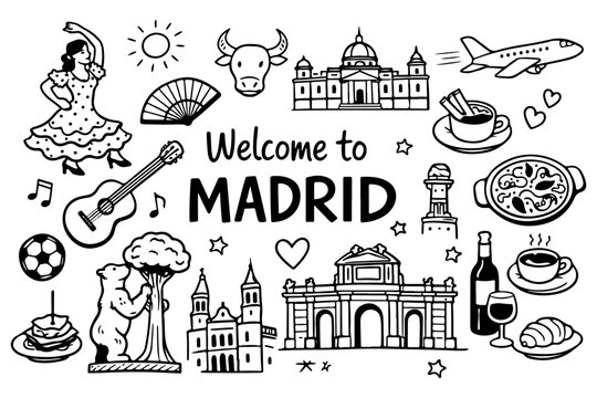 Madrid Spain travel doodle set, hand drawn spanish landmarks, cultural symbols, flamenco and traditional food in line art style