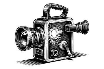 Vintage movie camera engraving, antique film projector sketch and retro cinema equipment in woodcut style isolated