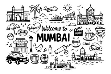 Mumbai India travel doodle set, hand drawn city landmarks, traditional symbols and indian street food in line art style