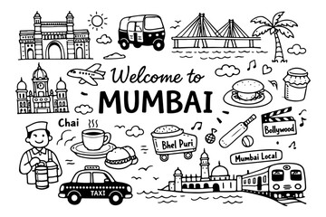 Mumbai India travel doodle set, hand drawn city landmarks, traditional symbols and indian street food in line art style