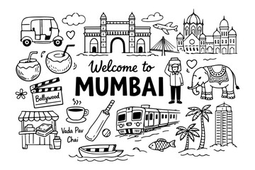 Naklejka premium Mumbai India travel doodle set, hand drawn city landmarks, traditional symbols and indian street food in line art style