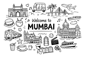 Mumbai India travel doodle set, hand drawn city landmarks, traditional symbols and indian street food in line art style
