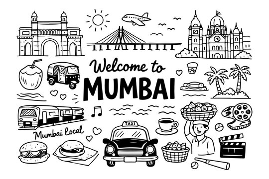 Mumbai India travel doodle set, hand drawn city landmarks, traditional symbols and indian street food in line art style