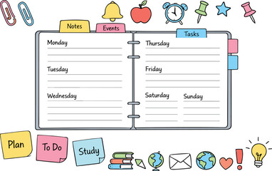Open weekly planner spread, tabbed notebook pages, paper clips and sticky notes, small reminder icons for Teacher planner with