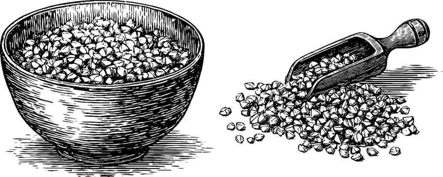 Vintage engraved illustration set of buckwheat groats in bowl and scoop for retro design