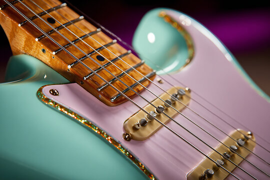 Vintage Fender Stratocaster neck macro shot of Billie Joe Armstrong&rsquo;s guitar with sage‑green resin inlay, pink pickguard, pastel lavender backdrop &ndash; high‑saturation commercial style