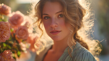 Naklejka premium Woman with curls at marble garden table scrolling AI headlines, warm golden light, pastel bokeh – commercial lifestyle photography