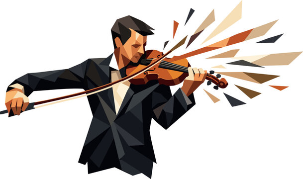Low-poly vector illustration of a violinist executing a sweeping bow stroke, single musician with sharply faceted anatomy and