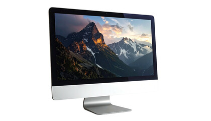 Desktop computer displaying a mountain landscape against a black background