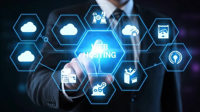 Close up of a businessman in a dark suit and tie pointing at a glowing blue hexagonal interface displaying 'WEB HOSTING' surrounded by cloud and technology icons on a dark blurred background.