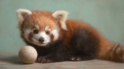 Fototapeta premium Red Panda Cub Holding Small Ball Looking at Camera