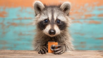 Obraz premium Raccoon holding small glass of juice