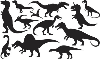 Dinosaur Silhouette Collection Featuring Tyrannosaurus Spinosaurus Triceratops and Velociraptor Prehistoric Reptiles Isolated on White Background Vector Illustration Set © Shariyar Pantho