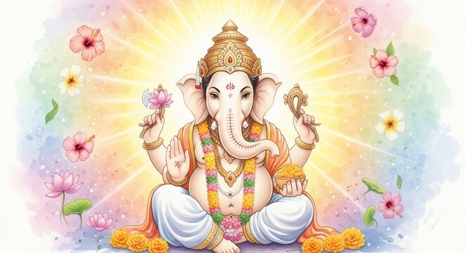 Lord Ganesha illustration with light rays and colorful floral background for Ganesha Chaturthi holiday celebration, Hindu festival art