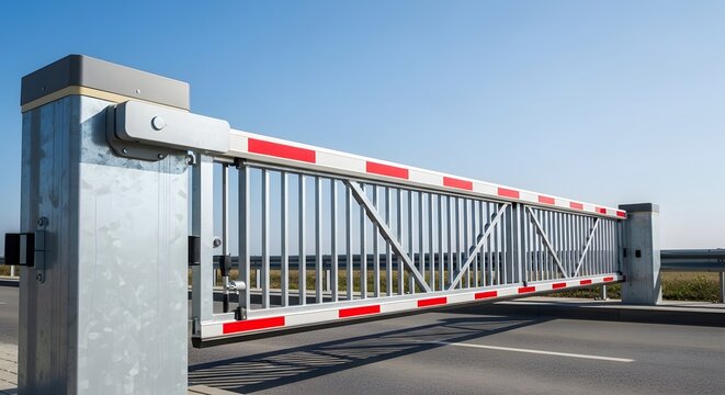 Modern automatic barrier gate blocking an asphalt road under a clear blue sky.