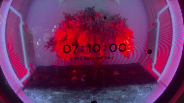 Panning up a futuristic interactive museum wall with digital ecosystem displays. High-tech circular windows showcase coral reefs, seahorses, and butterflies, illustrating biodiversity and modern scien