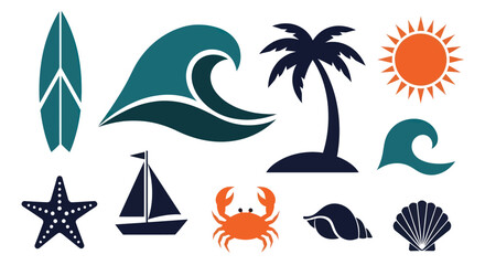 Collection of Summer Beach and Ocean Themed Icons. © Tomo