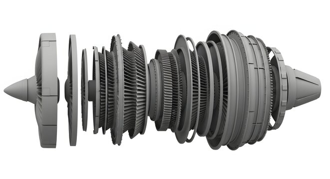 Exploded View Turbofan Jet Engine Clay Style 3D Rendering Isolated on White