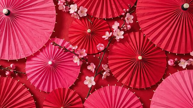 Red paper umbrella pattern decor cherry blossom branches flat lay overhead shot