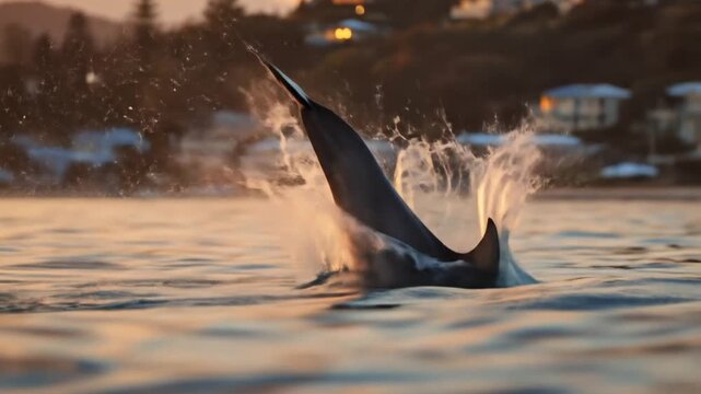 Jumping dolphin against sunset sky above calm ocean water