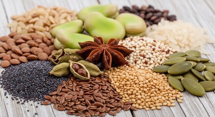 Naklejka premium Assortment of various seeds and grains, a healthy food selection.