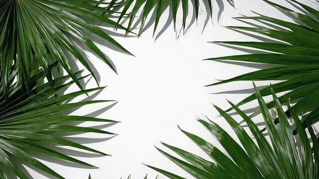Vibrant fan palm leaves pattern against clean white backdrop overhead shot