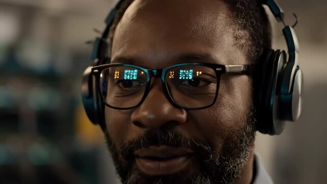 A close-up portrait of a Black man wearing headphones and glasses. The lenses of his glasses reflect digital data, suggesting a focus on technology and information analysis.
