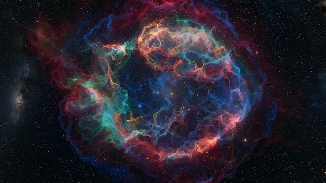 Supernova remnant nebula with intricate gas filament tendrils expanding outward in multicolor ionization glow layers with a faint pulsing stellar core remnant against dense deep space star field