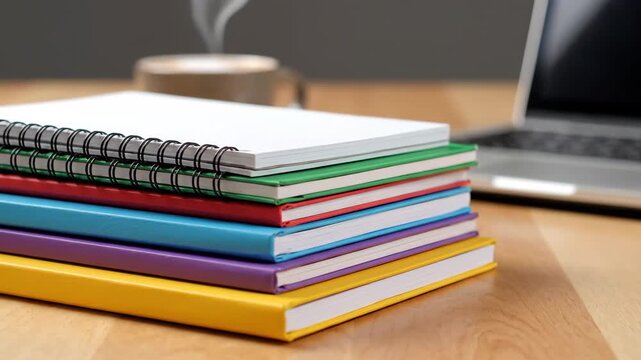 A stack of colorful notebooks sits on a wooden desk next to a steaming cup of coffee and a laptop. Focus on study and work essentials.