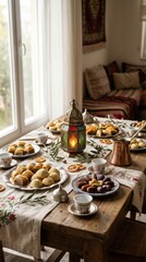 Fototapeta premium Festive Eid Al-Fitr table with traditional sweets, dates, Arabic coffee, and decorative lantern in warm natural light.