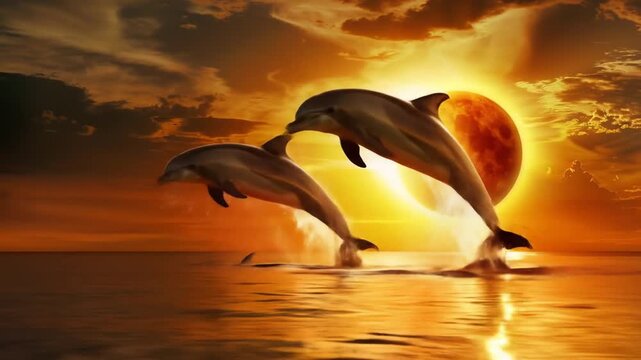 Dolphins jumping from the ocean at sunset with warm colors and dramatic sky