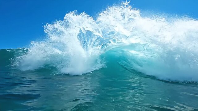 Ocean waves crashing powerfully under clear blue sky storyboard sequence