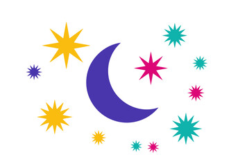 Colorful stylized crescent moon surrounded by vibrant multicolored stars on white background, modern minimalist graphic design, whimsical night sky symbol, abstract celestial icon