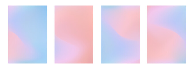 Fototapeta premium Set of soft pastel vector wavy purple blue and coral pink mesh gradient backgrounds. Abstract vibrant candy fuchsia and violet digital watercolor gradation for liquid concept, fluid design, banner