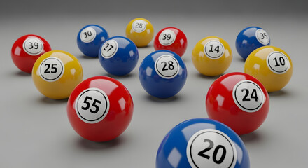 Colorful bingo balls scattered on a table, displaying various numbers.