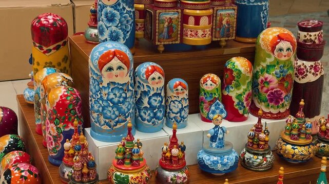A vibrant display of traditional Russian souvenirs for sale. The camera tilts up showing colorful, hand-painted Matryoshka nesting dolls and ornate music boxes in a market.

