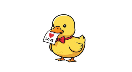 Cute cartoon yellow duckling holding a love note with a heart and bow, in a playful simplistic digital art style for Valentine's Day or romantic greeting card concept.