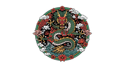 Fototapeta premium A colorful dragon design with red, green, and white details, surrounded by flowers and clouds on a circular pattern against a white background.