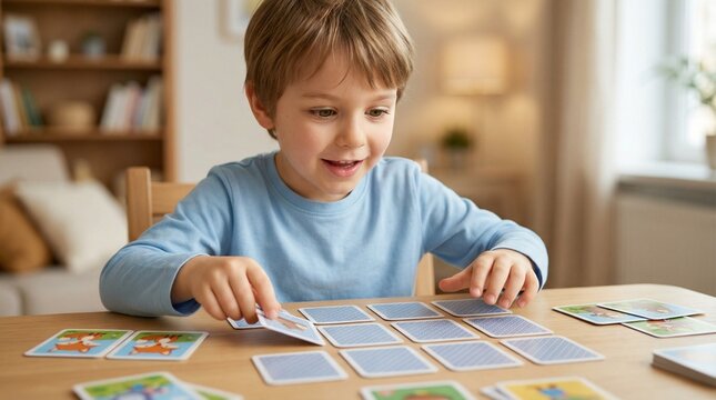Young boy playing memory game with cards at home on kitchen table  