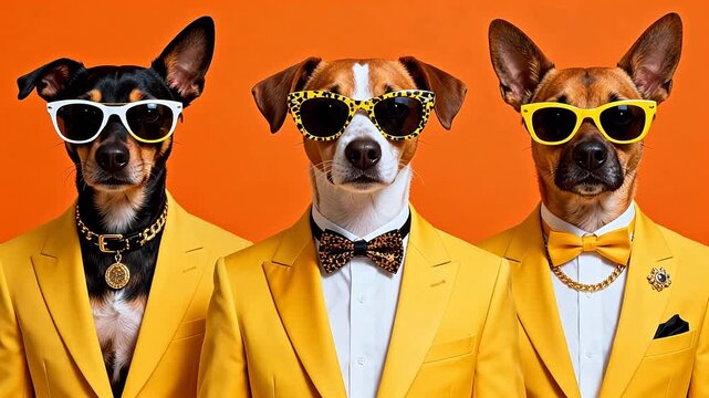 Three dogs in yellow suits and sunglasses
